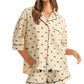Satin Bow Print Pajama Set with Contrast Piping