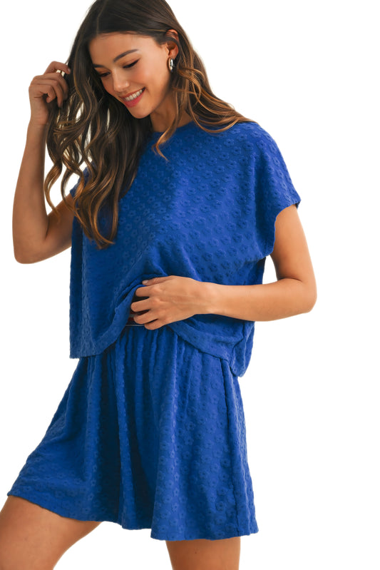 Textured Royal Blue Lounge Set with Striped Waistband