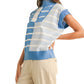 Sky Blue Striped Half-Zip Knit Top with Contrast Trim