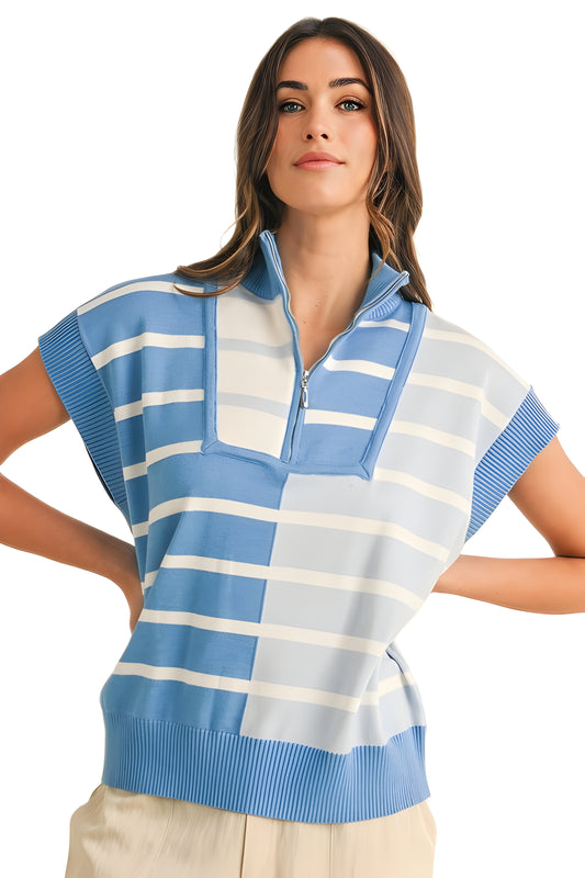 Sky Blue Striped Half-Zip Knit Top with Contrast Trim