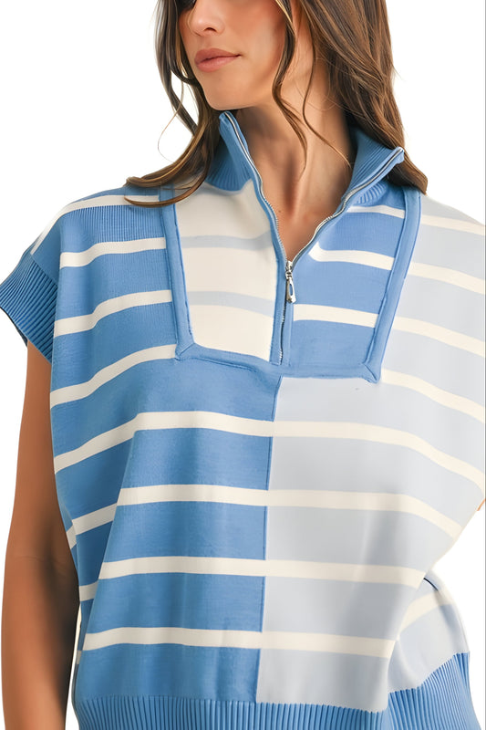 Sky Blue Striped Half-Zip Knit Top with Contrast Trim