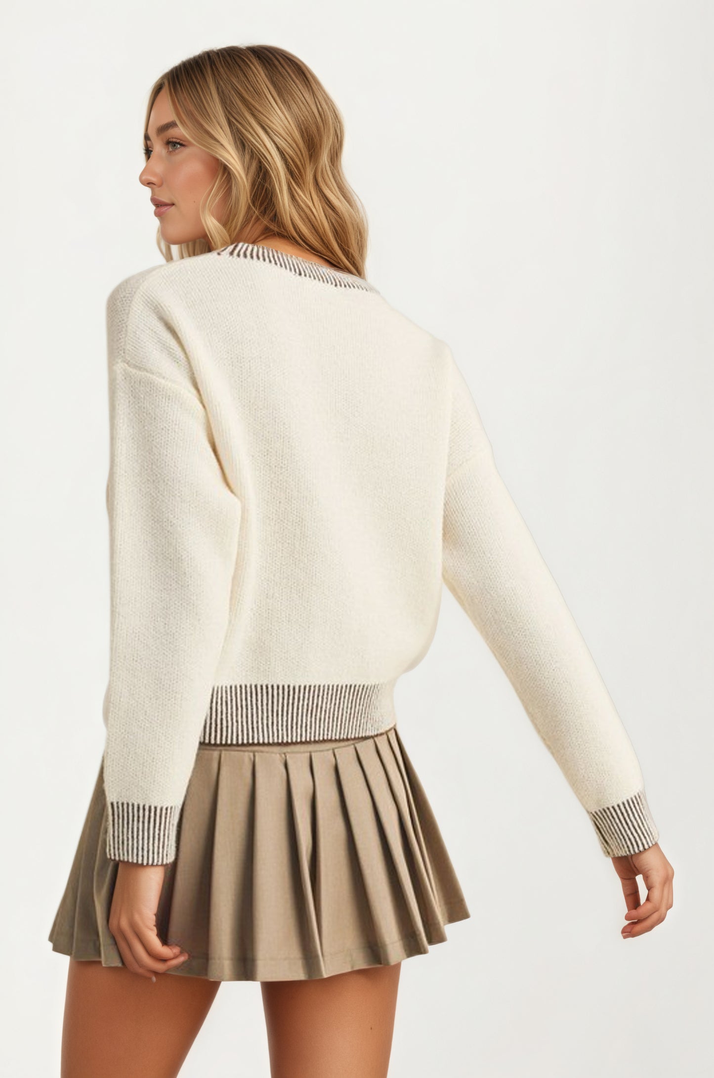 Knit Sweater with Textured Bow Embroidery and Striped Trim