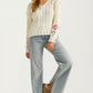 Cable Knit Sweater with Floral Embroidery on Sleeves