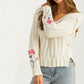 Cable Knit Sweater with Floral Embroidery on Sleeves