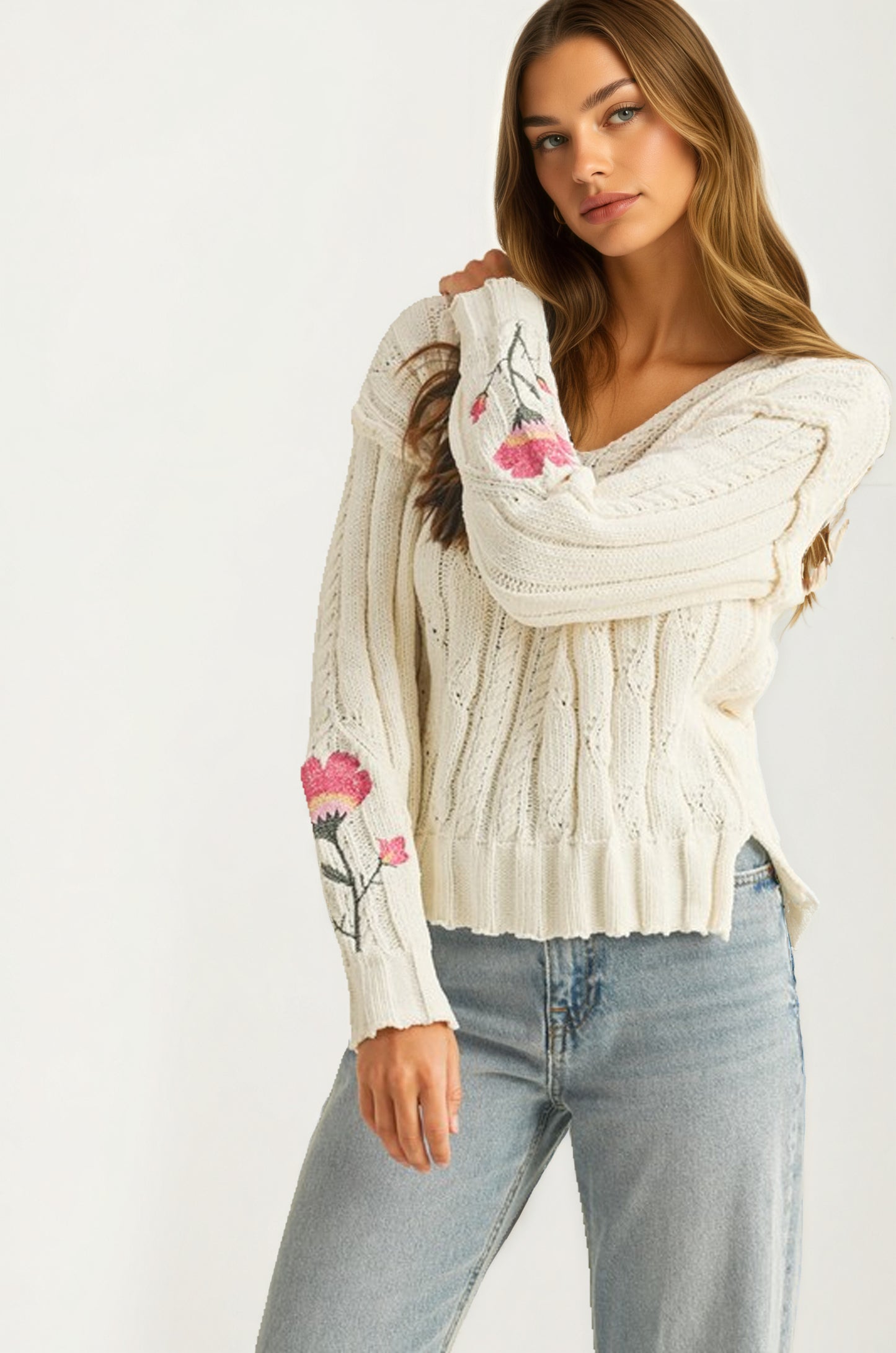Cable Knit Sweater with Floral Embroidery on Sleeves