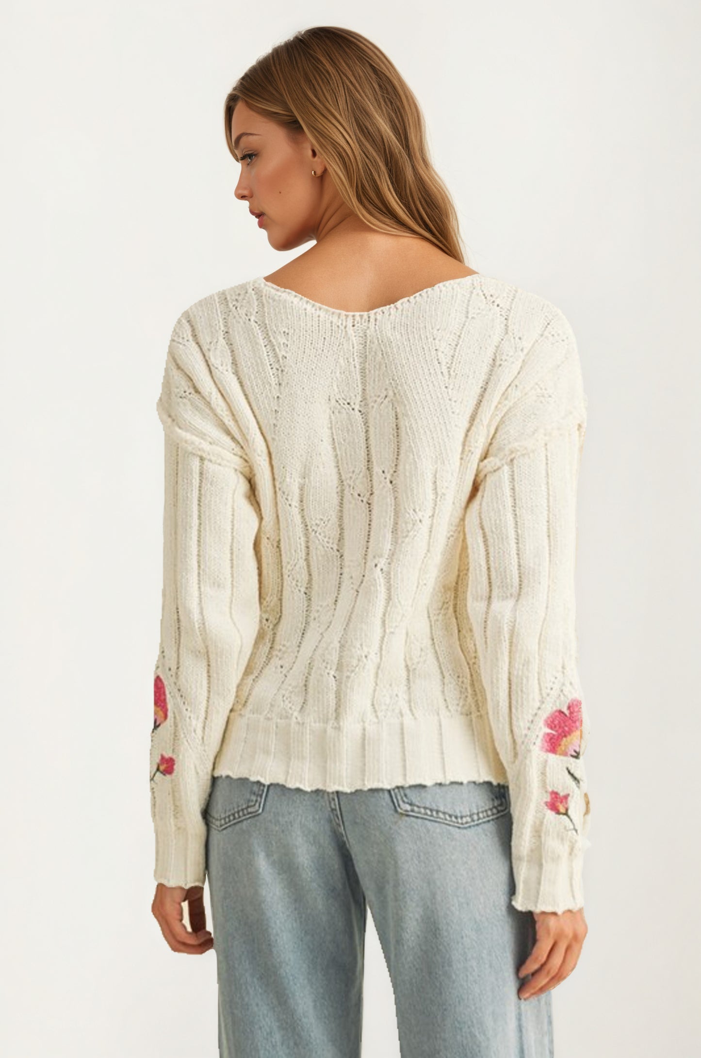 Cable Knit Sweater with Floral Embroidery on Sleeves