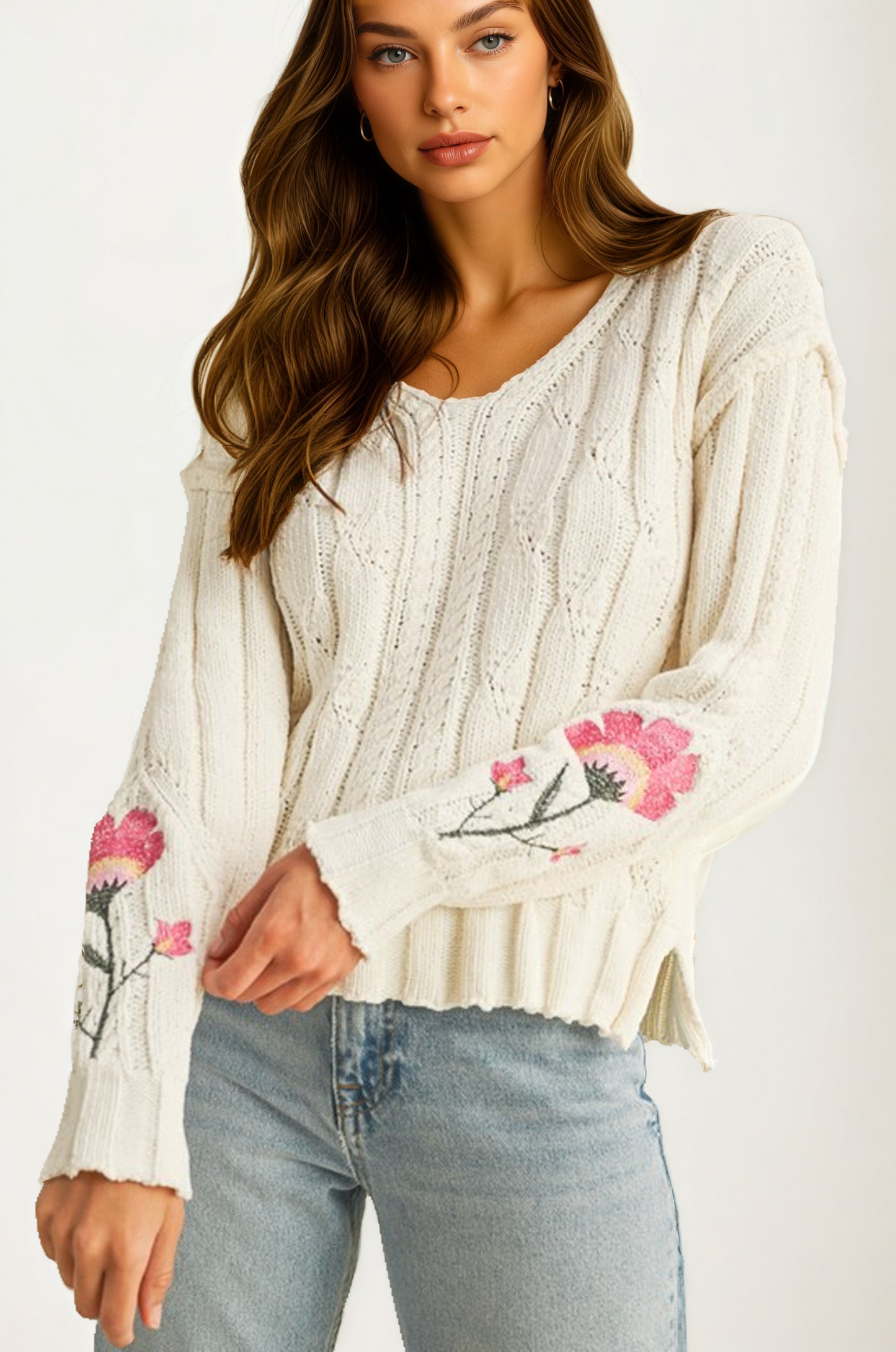 Cable Knit Sweater with Floral Embroidery on Sleeves