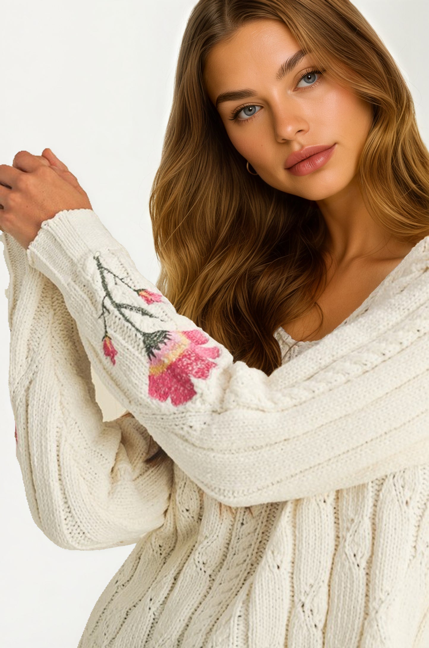 Cable Knit Sweater with Floral Embroidery on Sleeves