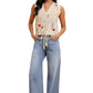 Sleeveless Button-Front Knit Vest with Floral Embroidery