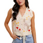 Sleeveless Button-Front Knit Vest with Floral Embroidery