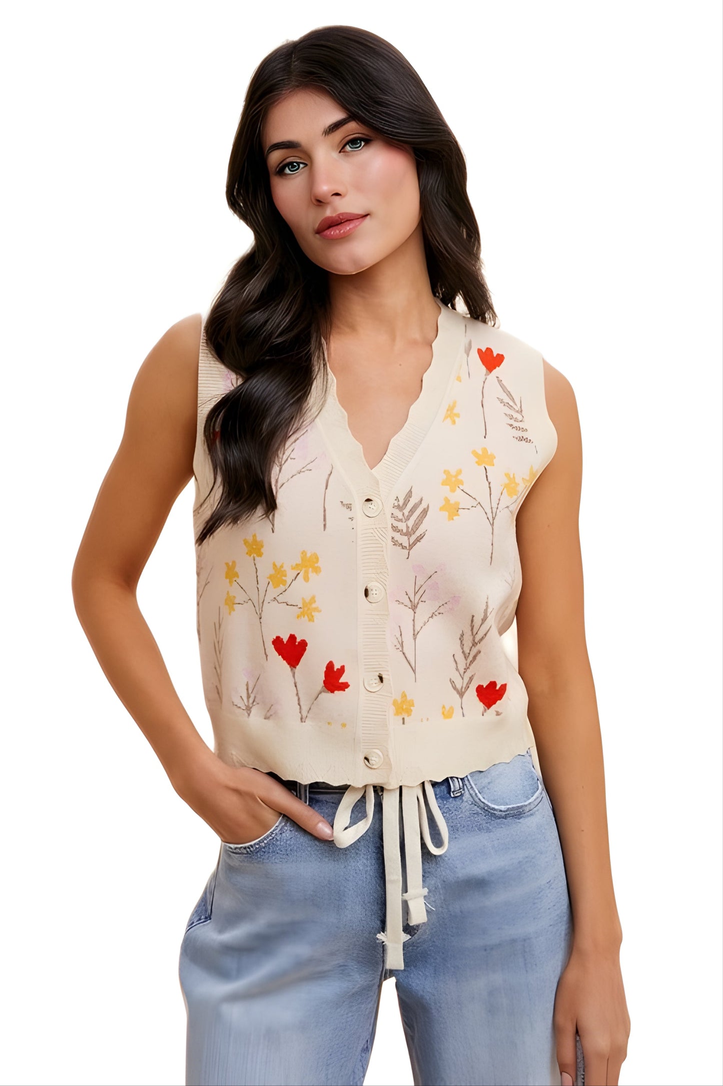 Sleeveless Button-Front Knit Vest with Floral Embroidery