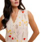 Sleeveless Button-Front Knit Vest with Floral Embroidery