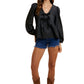 Long Sleeve Tie-Front Peplum Blouse in Black