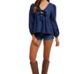 Long Sleeve Tie-Front Peplum Blouse in Navy