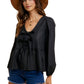 Long Sleeve Tie-Front Peplum Blouse in Black