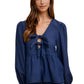 Long Sleeve Tie-Front Peplum Blouse in Navy