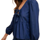 Long Sleeve Tie-Front Peplum Blouse in Navy