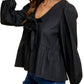 Long Sleeve Tie-Front Peplum Blouse in Black