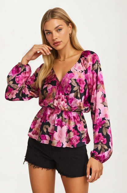 Long Sleeve V-Neck Floral Wrap Peplum Blouse