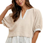 Contrast Hem Grid Blouse with V-Neckline