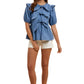 Blue Pinstripe Blouse with Ruffle Shoulder and Bow Detail