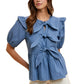 Blue Pinstripe Blouse with Ruffle Shoulder and Bow Detail