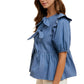 Blue Pinstripe Blouse with Ruffle Shoulder and Bow Detail