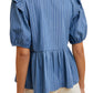 Blue Pinstripe Blouse with Ruffle Shoulder and Bow Detail