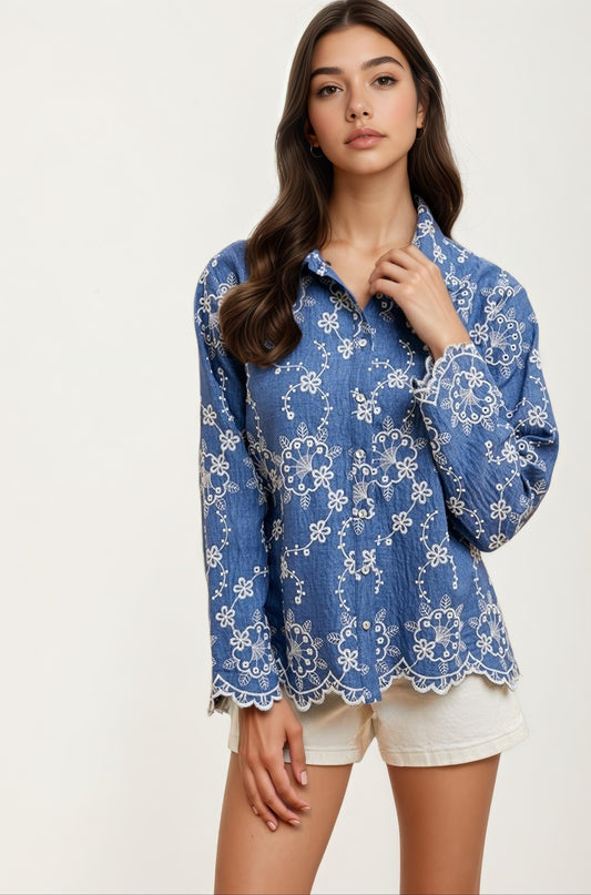 Floral Embroidered Denim Long Sleeve Blouse