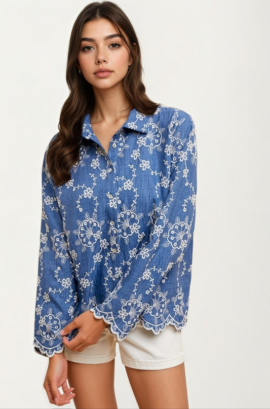 Floral Embroidered Denim Long Sleeve Blouse