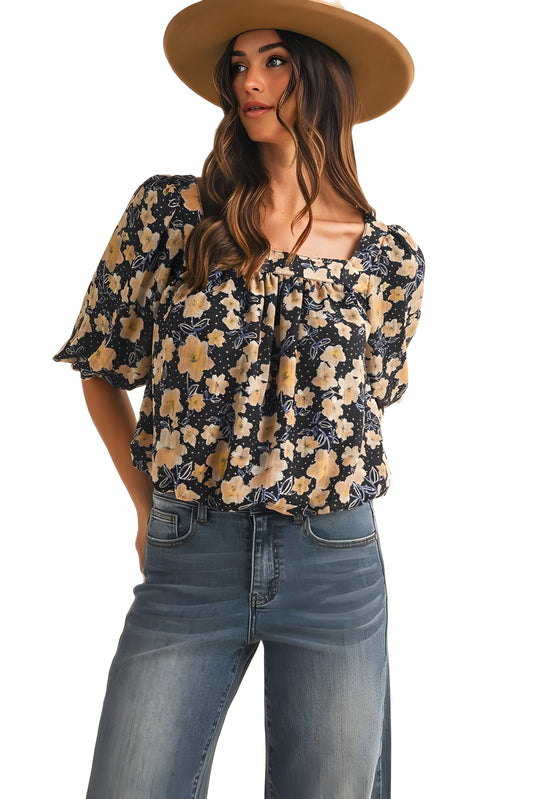 Floral Smocked Square Neck Top With Ruffle Sleeves