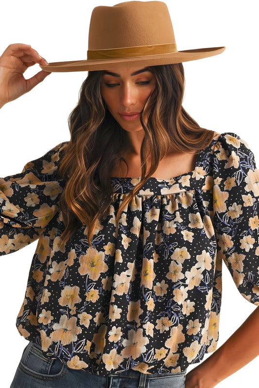 Floral Smocked Square Neck Top With Ruffle Sleeves