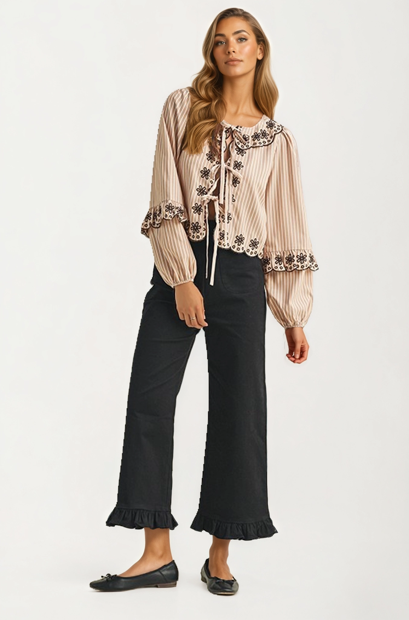 Striped Tie-Front Blouse with Floral Embroidered Trim