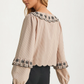 Striped Tie-Front Blouse with Floral Embroidered Trim