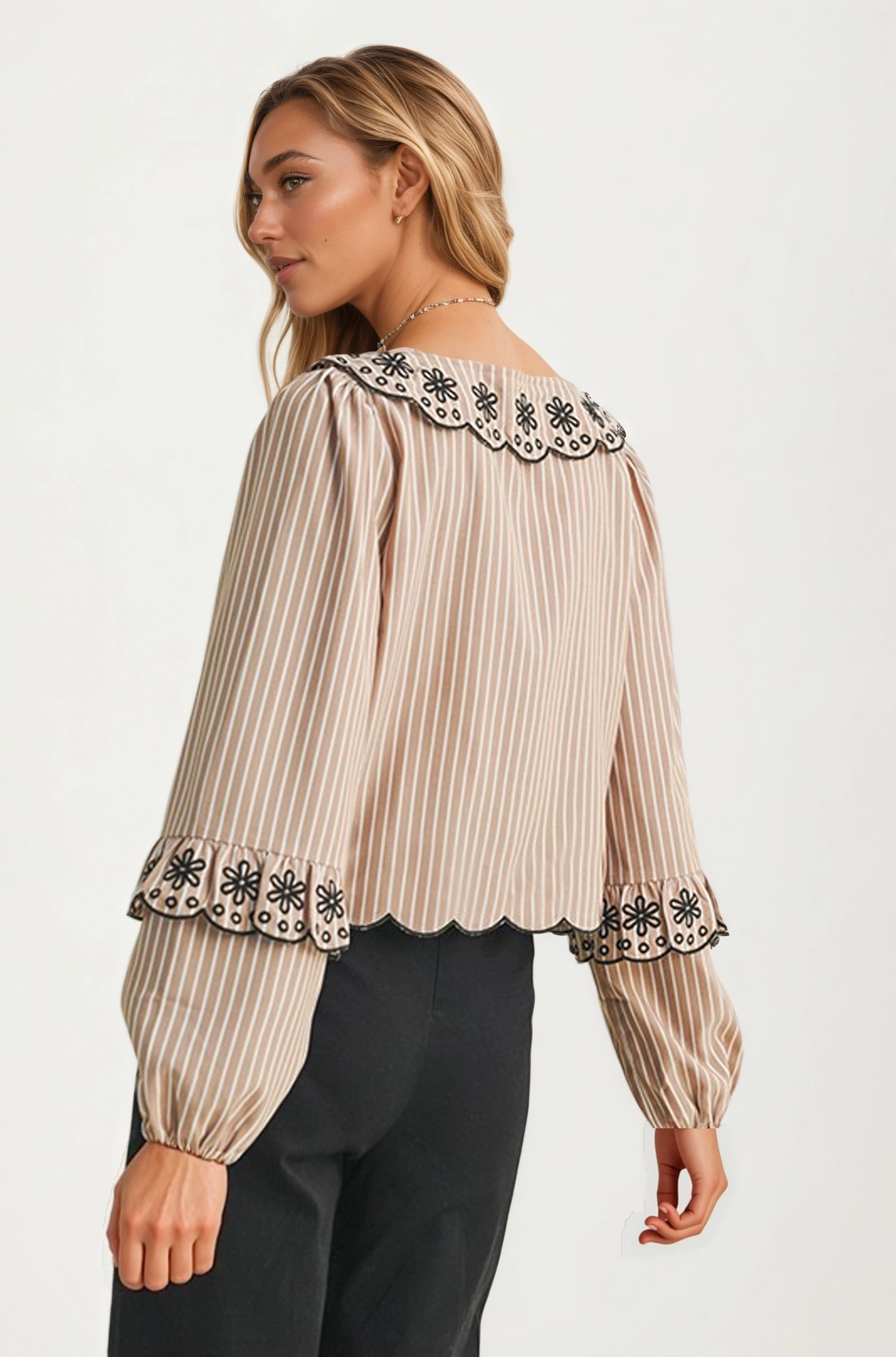 Striped Tie-Front Blouse with Floral Embroidered Trim