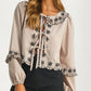Striped Tie-Front Blouse with Floral Embroidered Trim