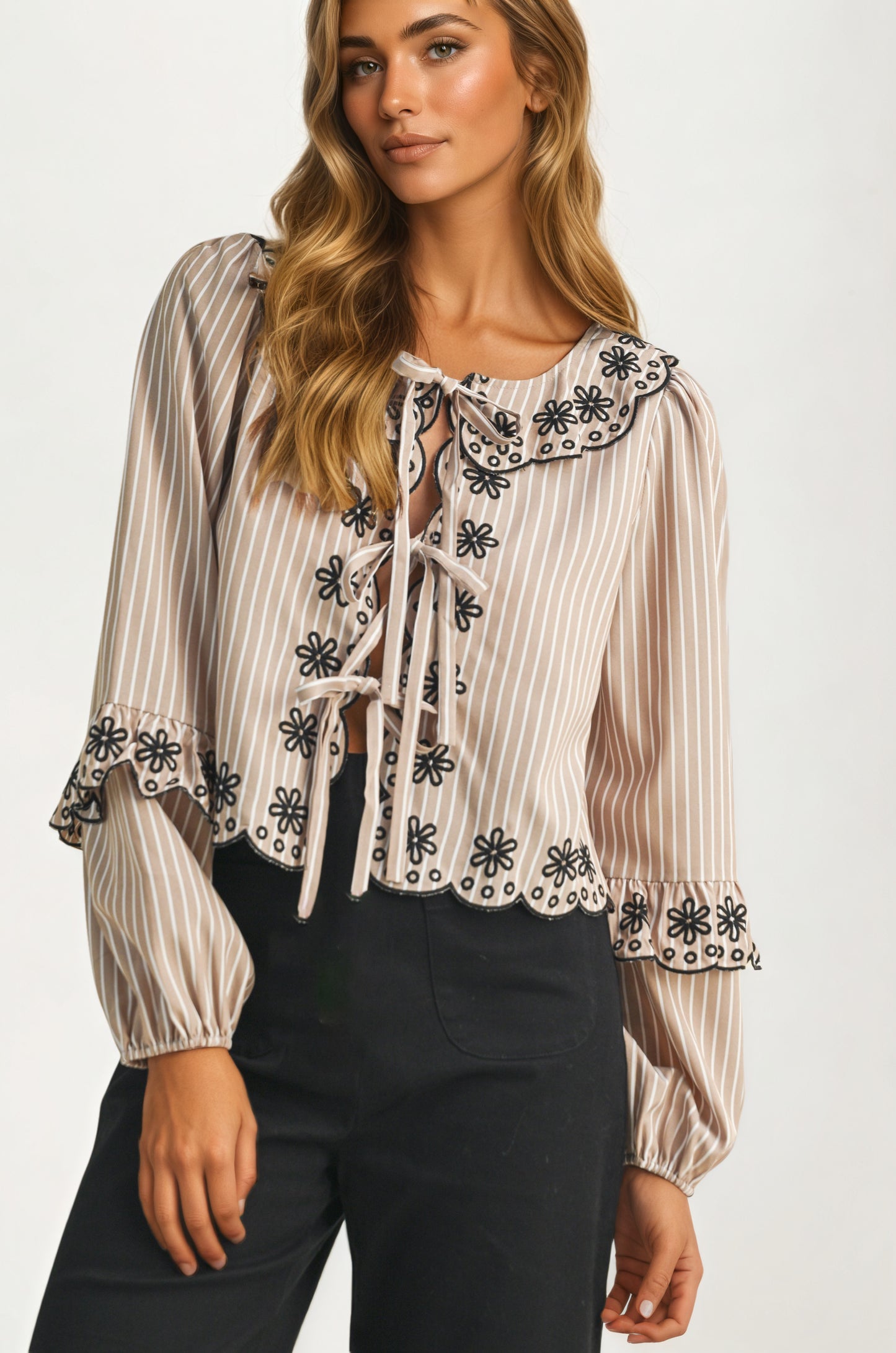 Striped Tie-Front Blouse with Floral Embroidered Trim