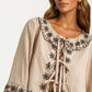 Striped Tie-Front Blouse with Floral Embroidered Trim