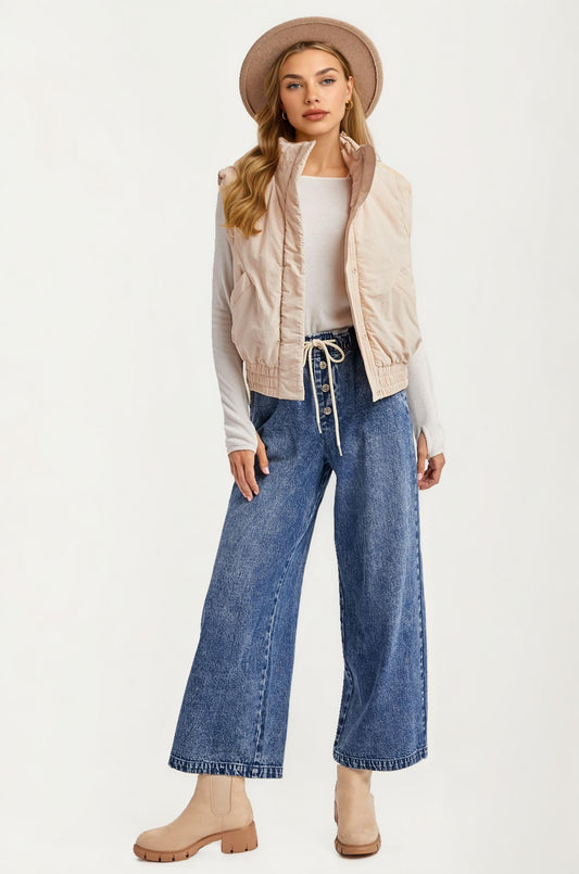 Wide Leg Drawstring Denim Pants with Button Front Detail