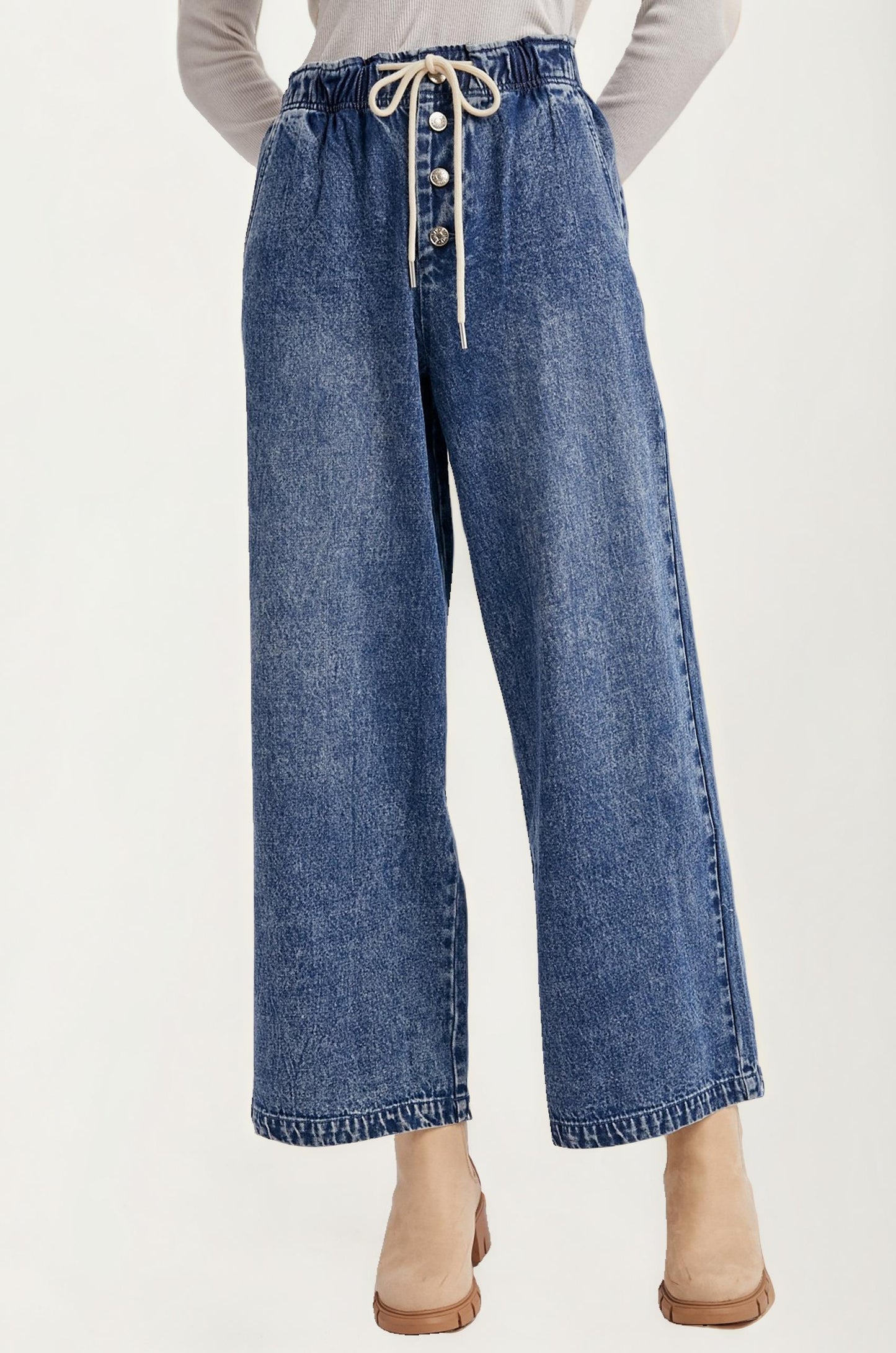 Wide Leg Drawstring Denim Pants with Button Front Detail