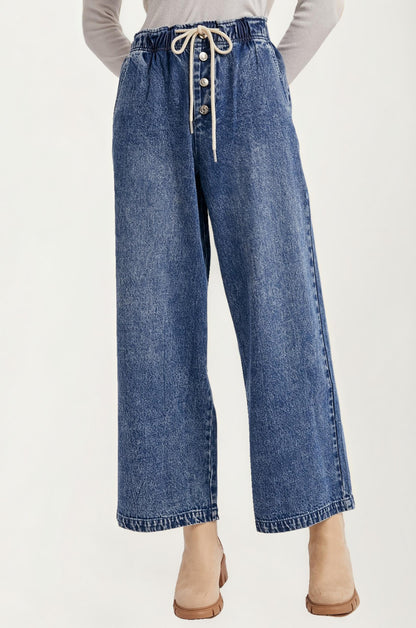 Wide Leg Drawstring Denim Pants with Button Front Detail