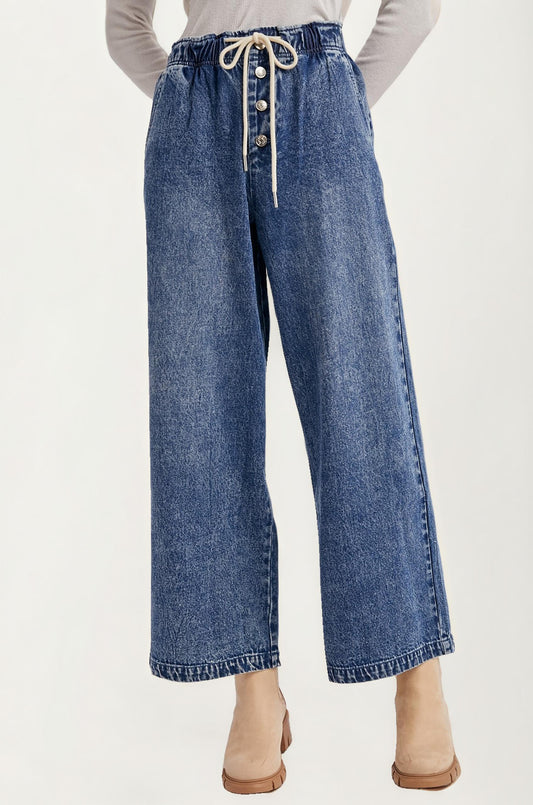 Wide Leg Drawstring Denim Pants with Button Front Detail