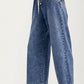 Wide Leg Drawstring Denim Pants with Button Front Detail