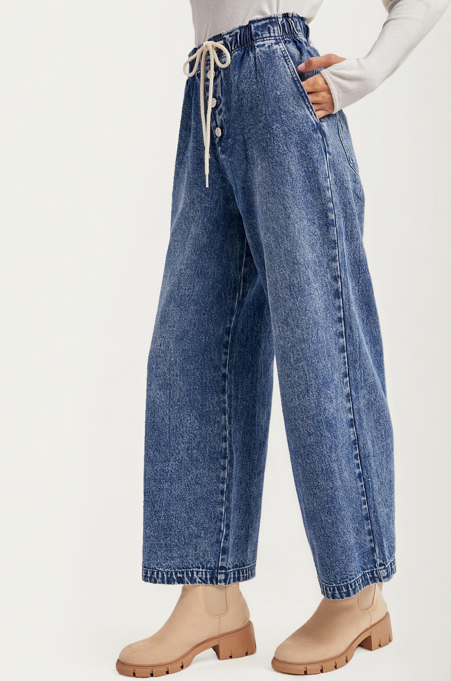 Wide Leg Drawstring Denim Pants with Button Front Detail