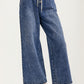 Wide Leg Drawstring Denim Pants with Button Front Detail