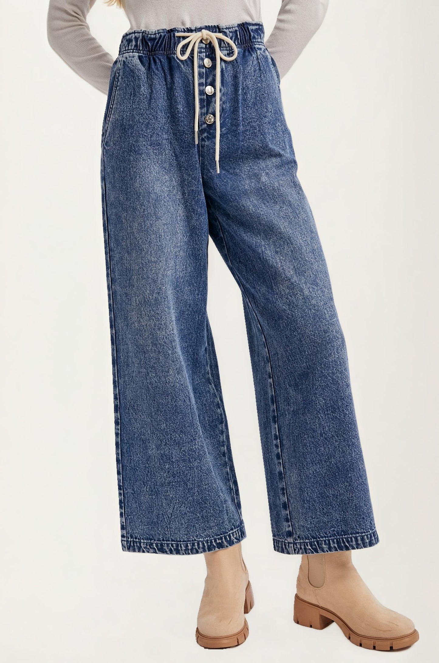 Wide Leg Drawstring Denim Pants with Button Front Detail