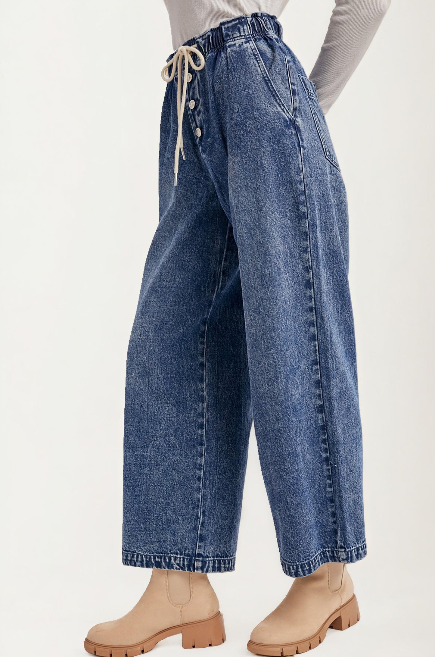 Wide Leg Drawstring Denim Pants with Button Front Detail