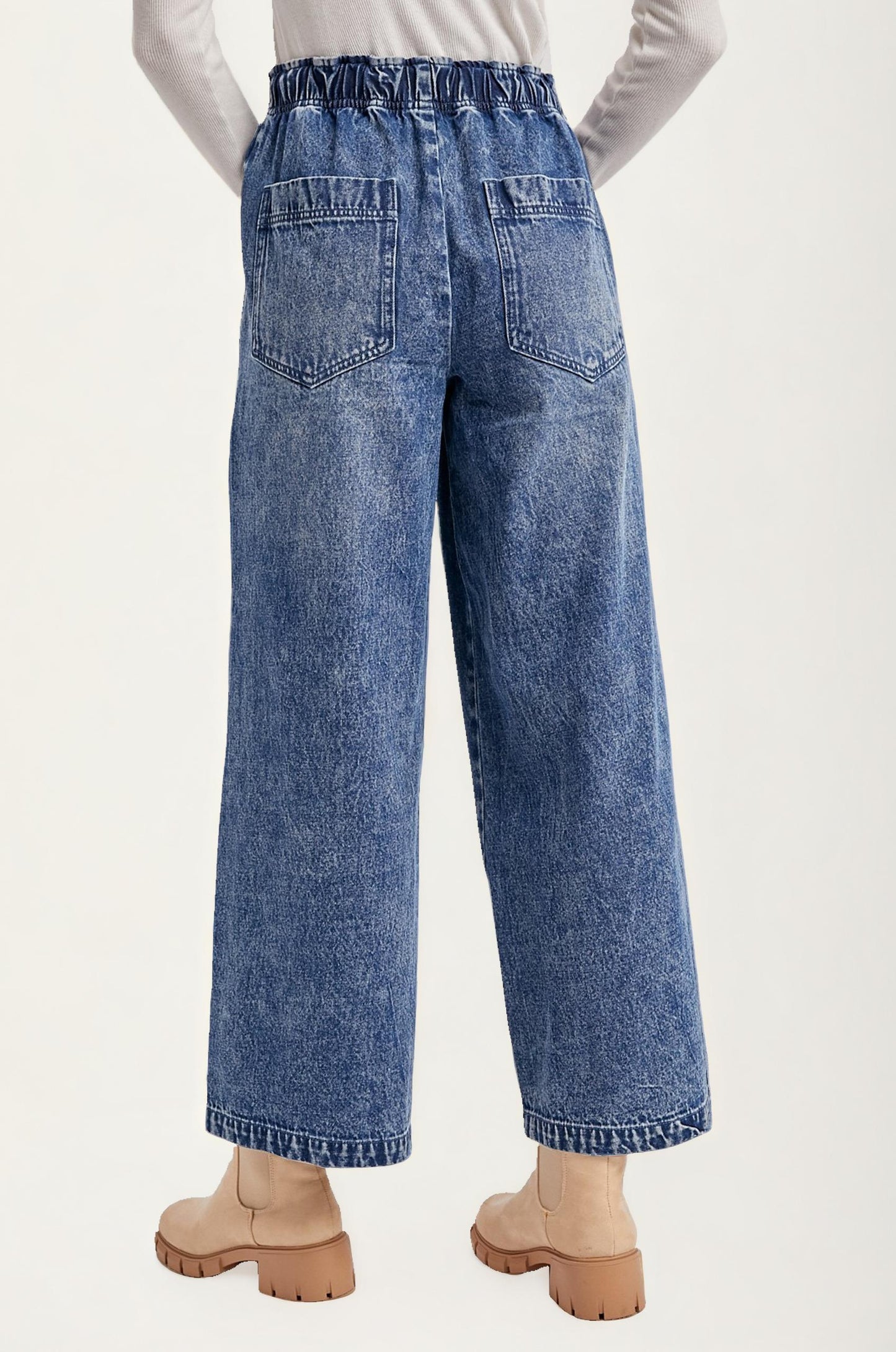 Wide Leg Drawstring Denim Pants with Button Front Detail