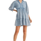 Light Blue Wave Knit Tiered Collared Pocket Mini Dress