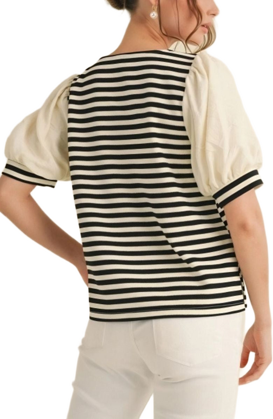 Black and White Puff Sleeve V-Neck Knit Top